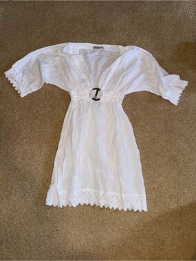 White Crochet-Trim Swim Coverup with Waist Buckle XL Youth